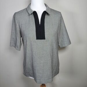 Zara Houndstooth Top Blouse Womens XS Black White Collared 1/4 Zip Preppy Office